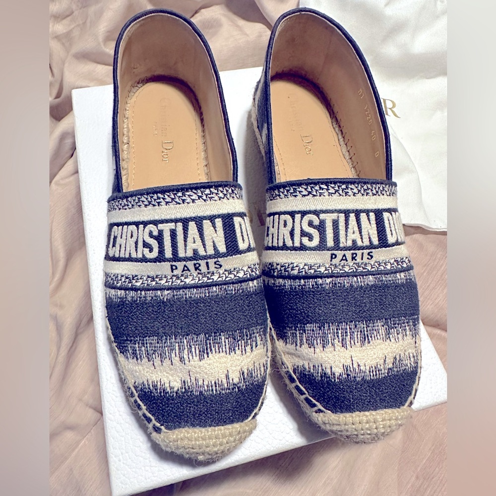 Stylish espadrilles by Christian Dior in Navy and Beige.
